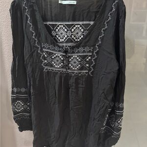 Maurices Black Blouse with White Embroidery